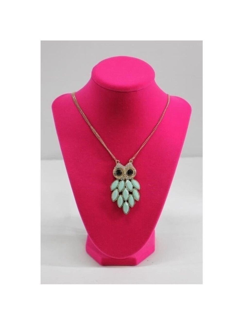 Rhinestone Owl Pendant Necklace 24” Chain
